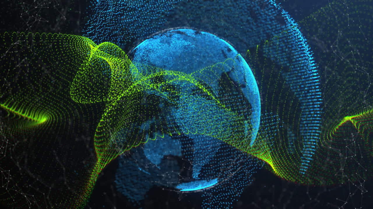 Animation of dynamic wave pattern over connected dots around globe against abstract background