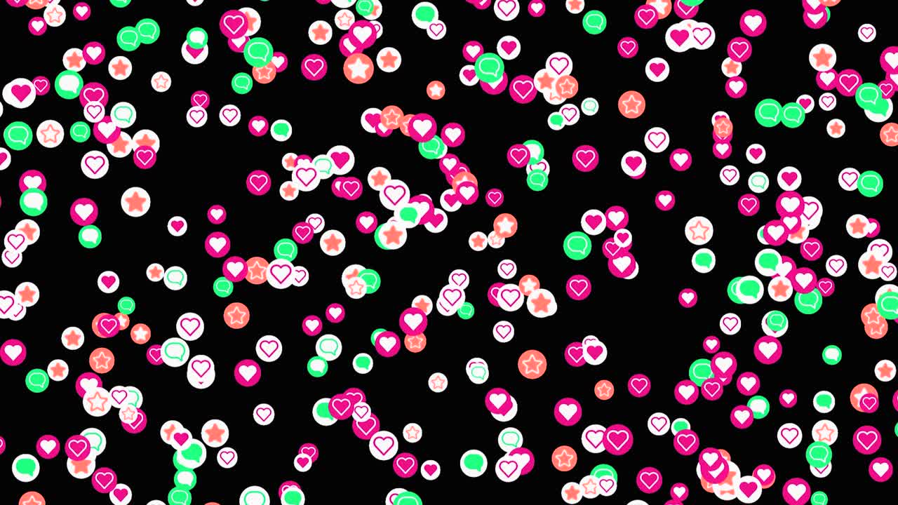 Circles with social media icons. Animation. Stream of colorful circles with social media icons on black background. Flying up social media notification icons