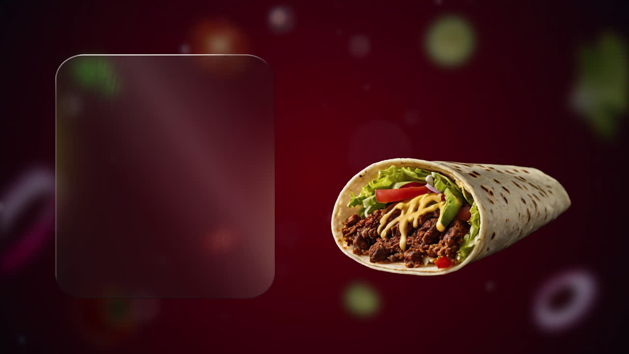 Shawarma doner gyros kebab con lattuga, pomodori e tahini - (sfondo rosso) - promuovi il tuo piatto forte con movimento audace e una zona chiara per aggiungere offerte o titoli.