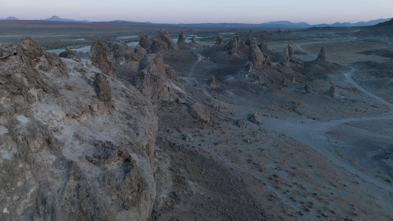 Aerial Drone Shot Trona Pinnacles California Desert at Sunrise