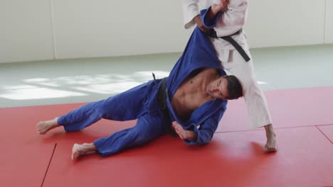 judokas training by doing a randori on the judo mat