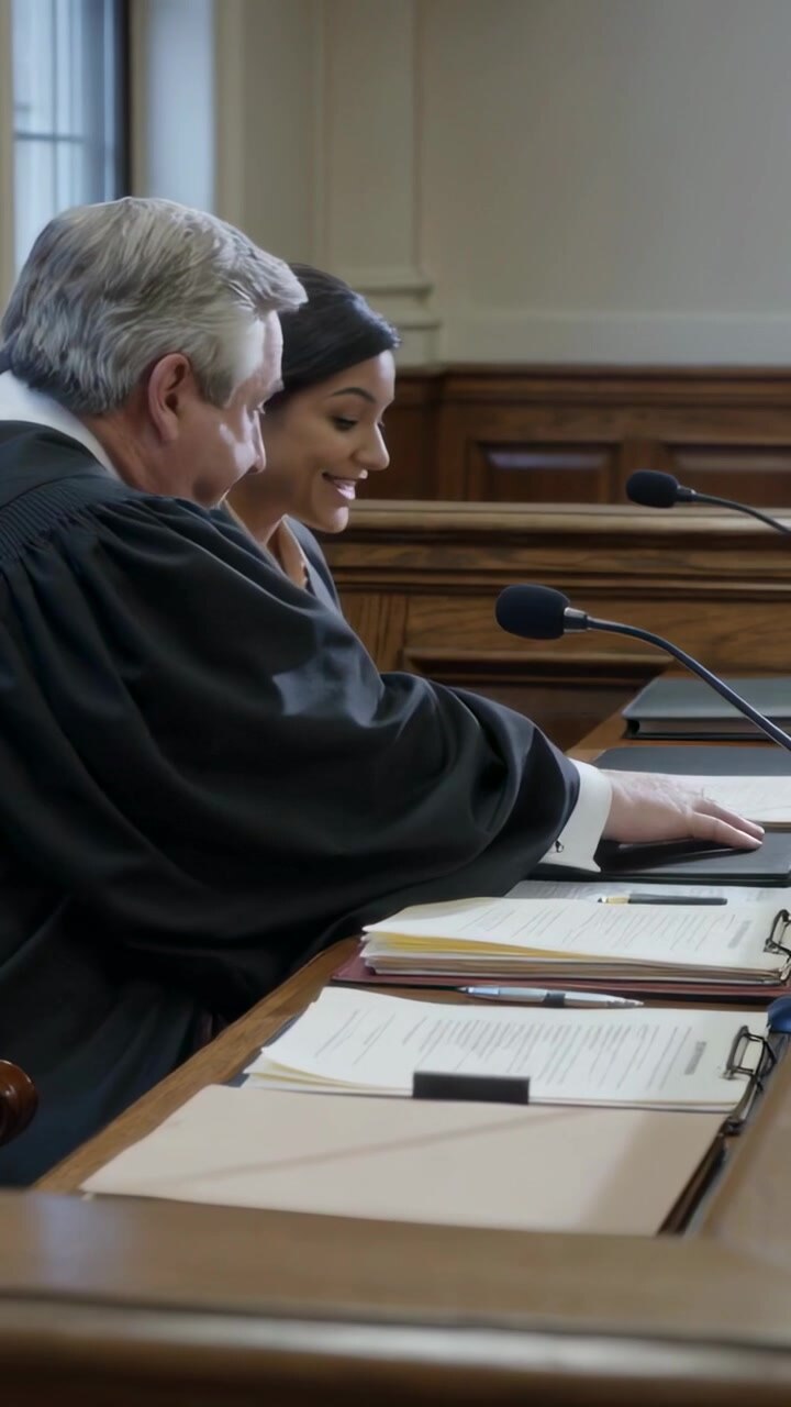 Video verticale: Giudice in toga nera che fa scorrere un fascicolo sul tavolo del tribunale, donna in tailleur grigio che sorride.