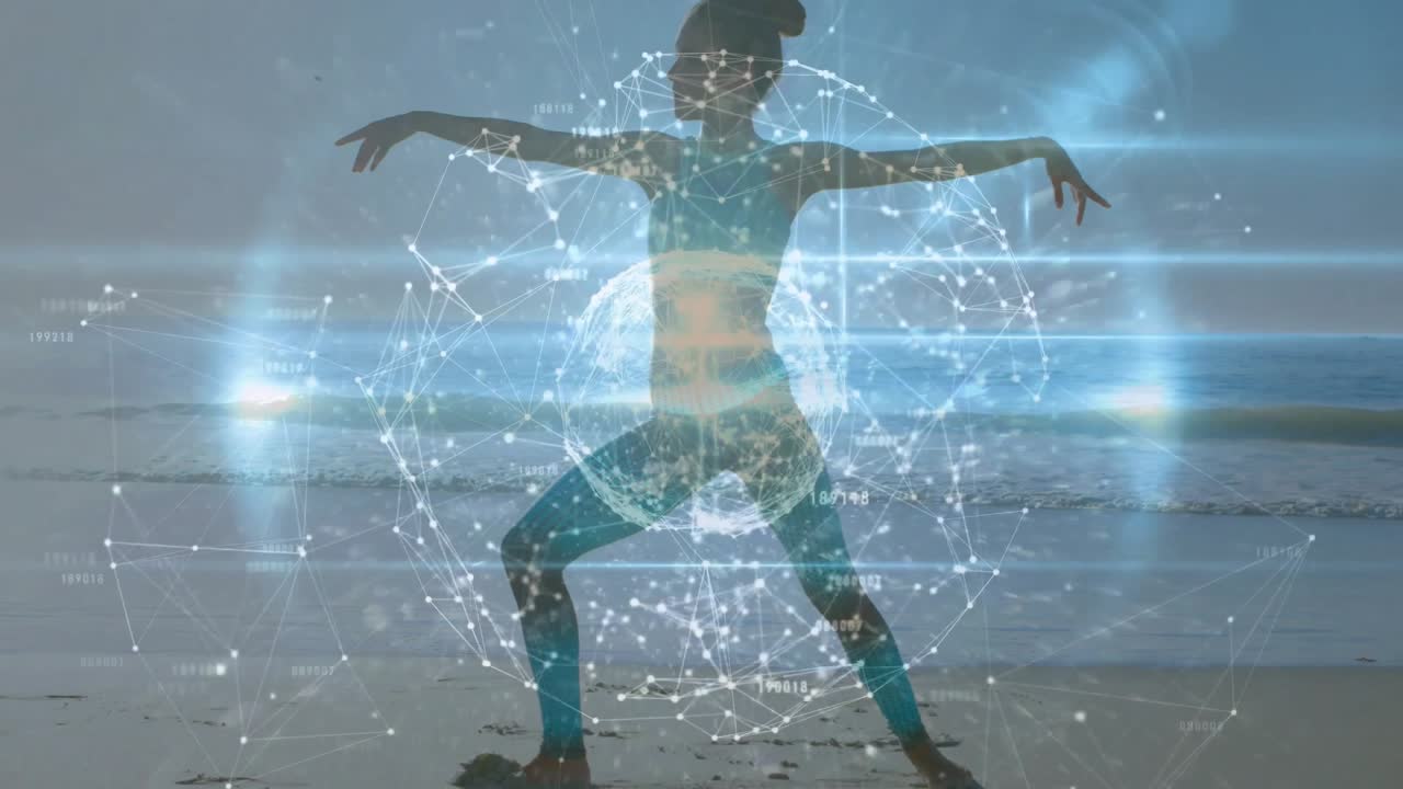 woman standing on beach causing tech sphere forming around waist, raising arms demoing connectivity