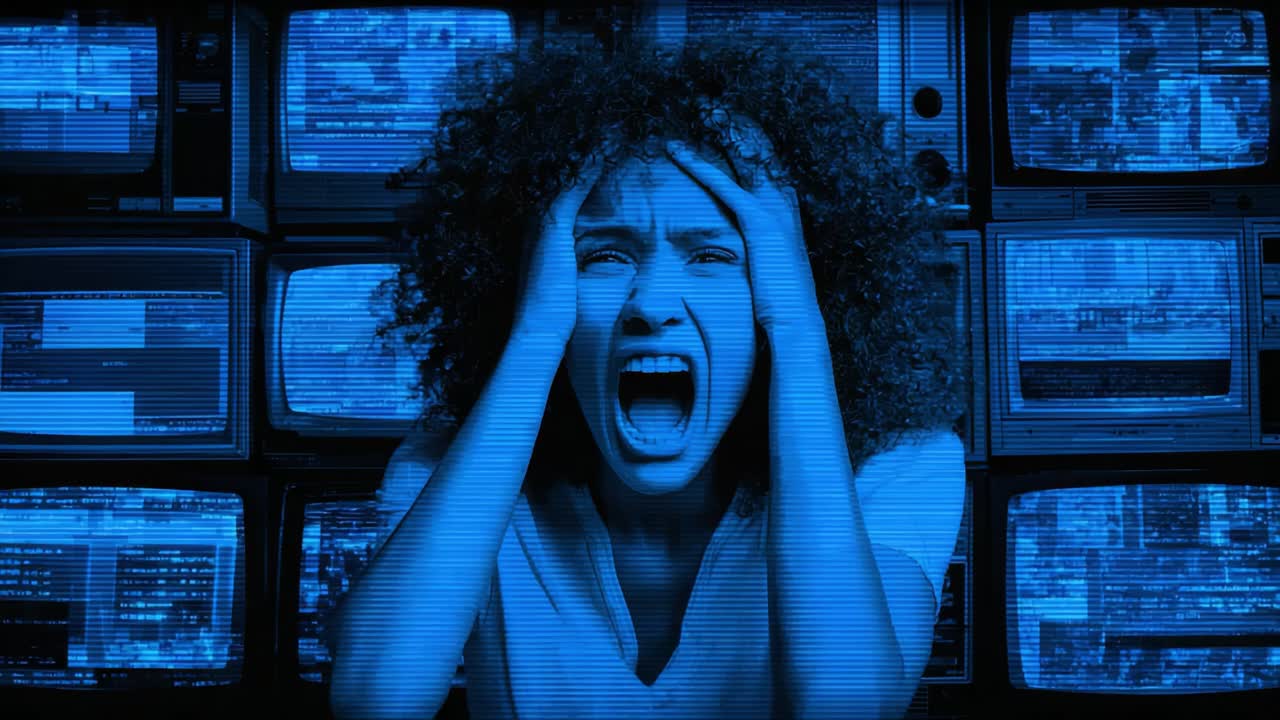 Amidst a Sea of Static, a Person Faces Overwhelming Pressure and Frustration, Struggling to Cope with the Noise of Modern Media Interference and Anxiety