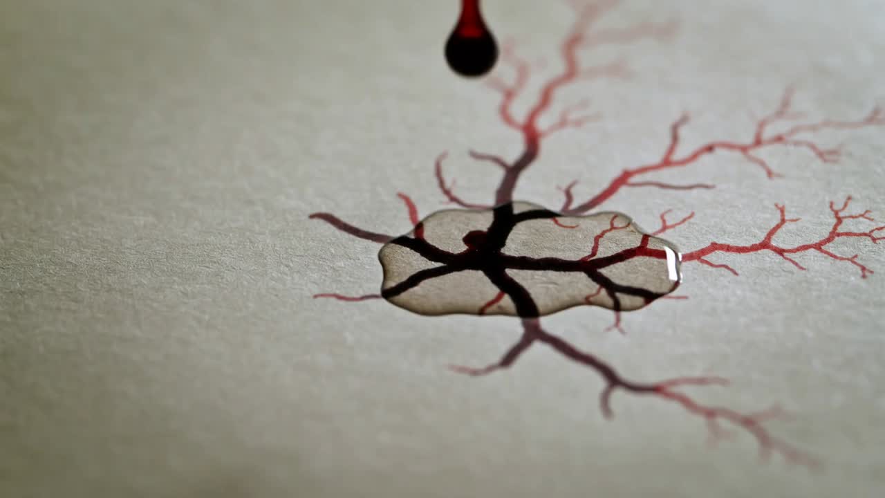 Dripping dropper sending thin red stream onto textured paper, forming fractal vein network