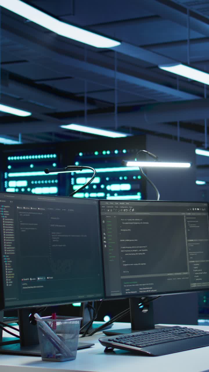 Doppelte Computermonitore, die Code in einem Serverraum anzeigen
