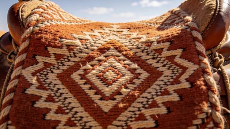 Telecamera in movimento che si avvicina a una coperta da sella tessuta con pomelli della sella sulle dune, a causa del movimento della cavalcata.