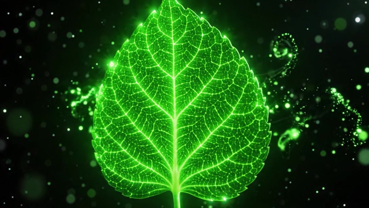 Una foglia verde luminosa circondata da effetti particellari, che cattura la bellezza della natura e le complessità della vita vegetale in una straordinaria esposizione visiva.