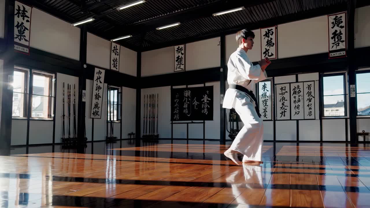 A martial artist practices in a sunlit dojo, captured from a low angle