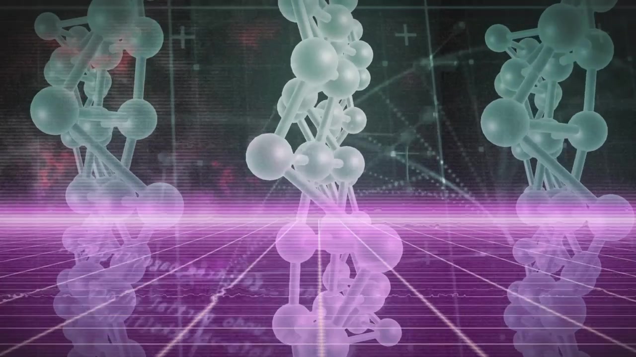 Magenta scanning beam rising from bottom pulsing, three chains rotating alternating showing data