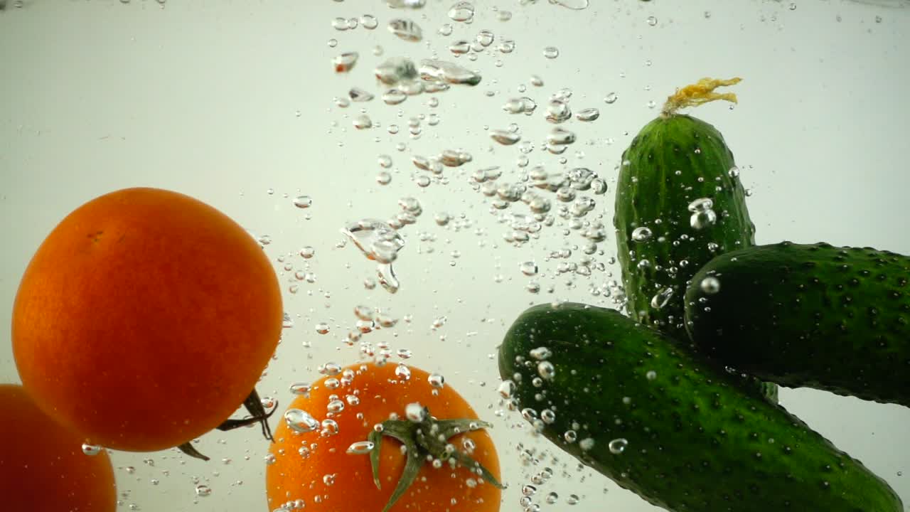 Herabfallen von Gurken und Tomaten ins Wasser. Zeitlupe.