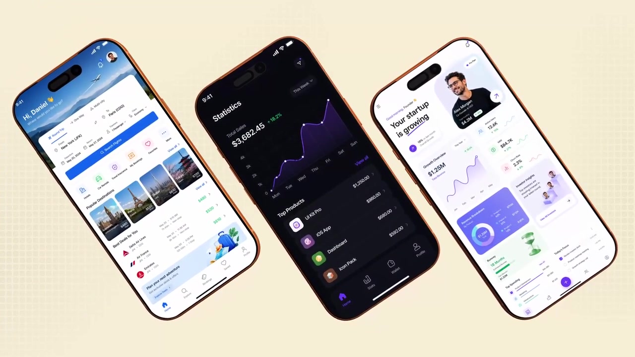 Animated Smartphones Showcasing Business Analytics and Travel Mobile Apps