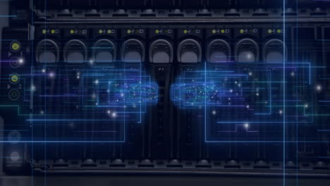 digital circuit animation overlaying server hardware in data center environment