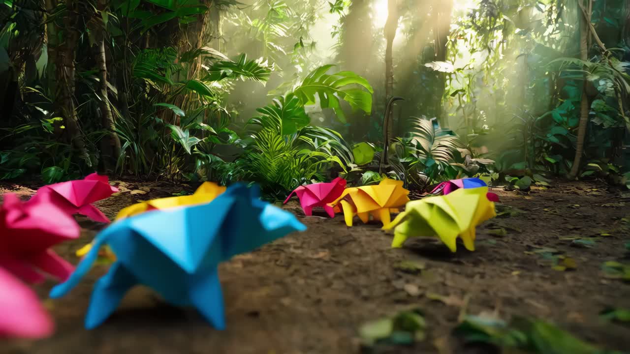 정글 에 있는 다채로운 오리가미 돼지 들