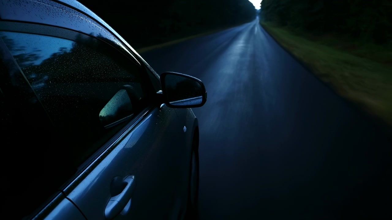 La vista desde el lado del conductor muestra la puerta, el espejo y la ventana salpicada de gotas de lluvia del coche mojado junto a una carretera reflectante vacía, con un punto de fuga brillante y distante, una línea oscura de árboles y una atmósfera tenue y melancólica