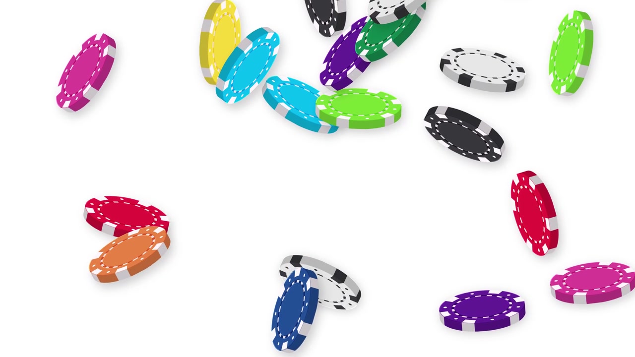 Gettoni da gioco multicolori cadono nell'inquadratura con fisica realistica su uno sfondo bianco pulito
