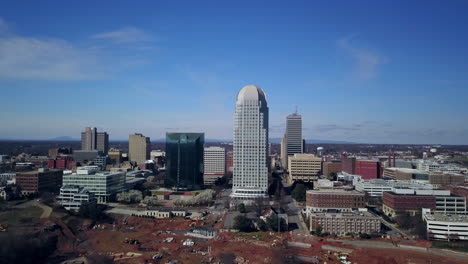 aerial flying toward downtown winston salem north carolina