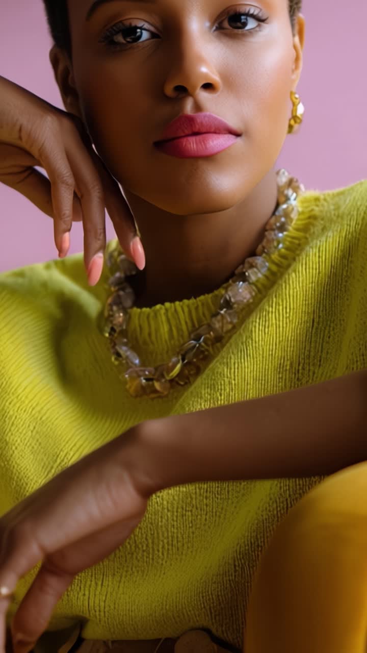 Elegante ritratto di una donna con un vivace maglione giallo che mette in risalto gioielli eleganti e un trucco chic su uno sfondo rosa tenue.