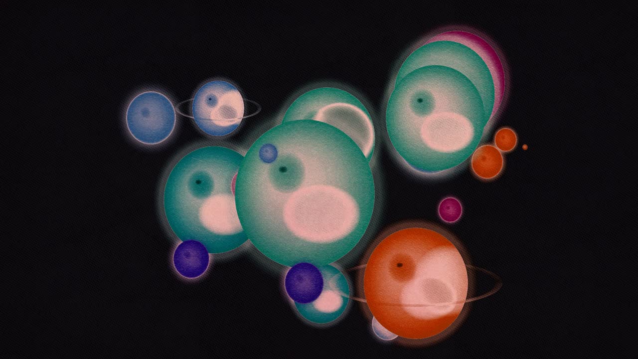 Animerede abstrakte planeter og kugler, der bevæger sig i det kosmiske rum