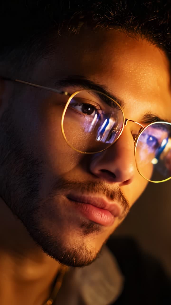 Een close-upportret dat de intrigerende expressies vastlegt van een jonge man met een stijlvolle bril, verlicht door zachte belichting die zijn gelaatstrekken accentueert