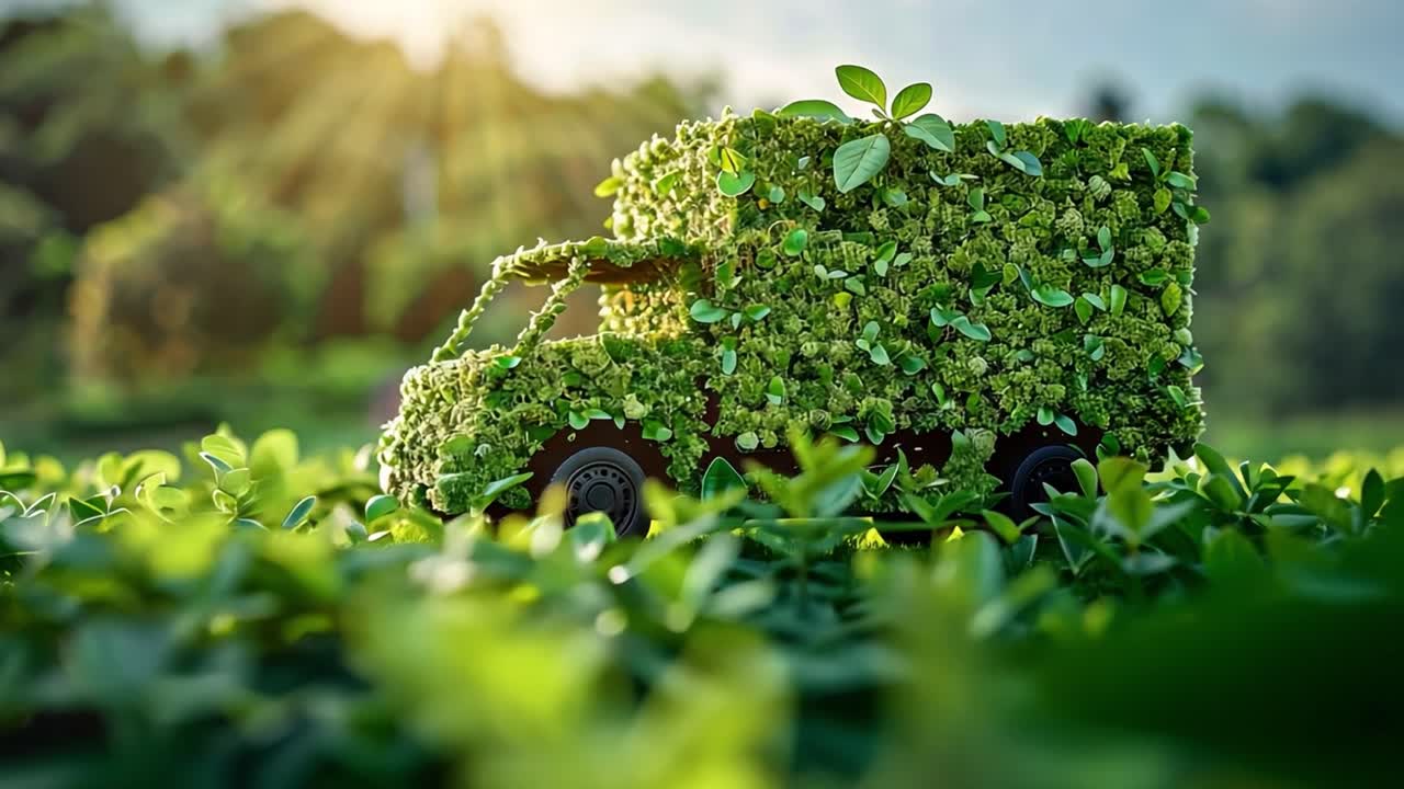 Eco-Friendly Truck Made of Green Leaves in Nature