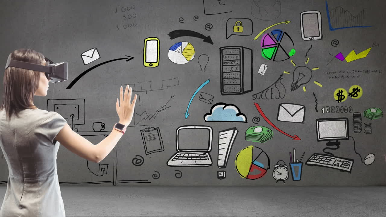 usando auriculares vr, mujer interactuando con animación de iconos digitales y gráficos sobre la pared