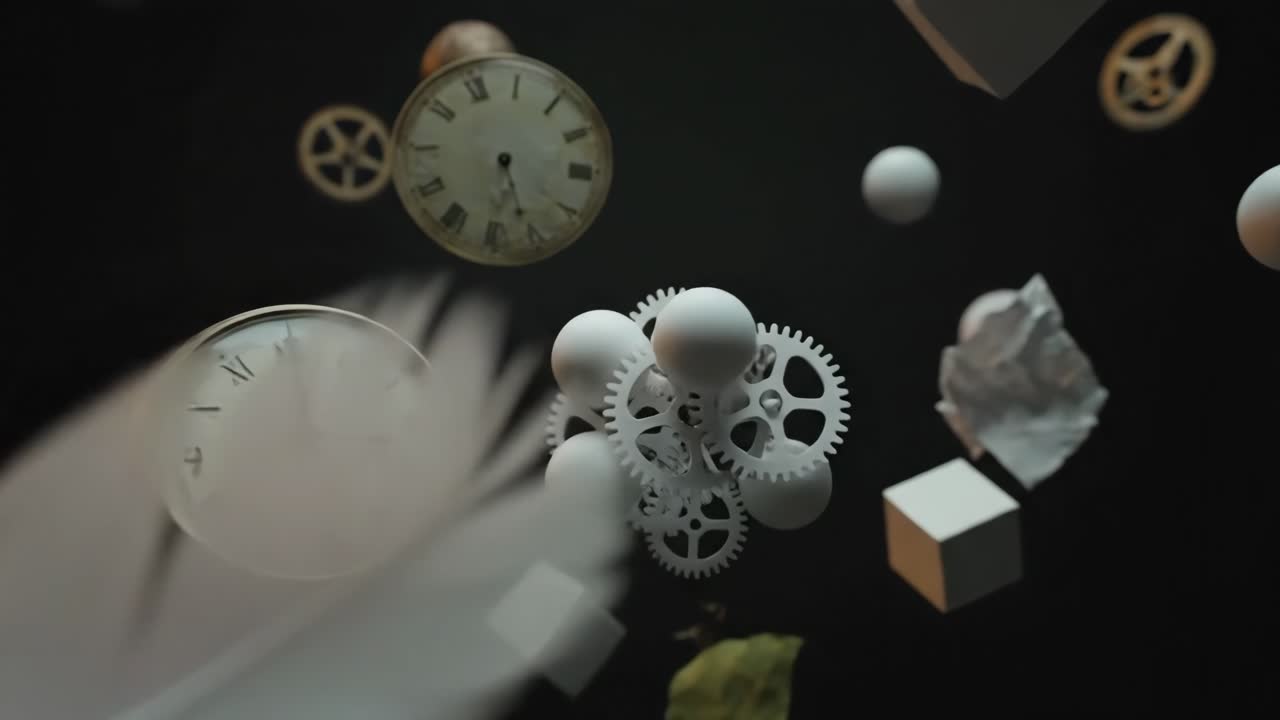 Surrealistisk komposition af svævende ure, fjer og abstrakte elementer