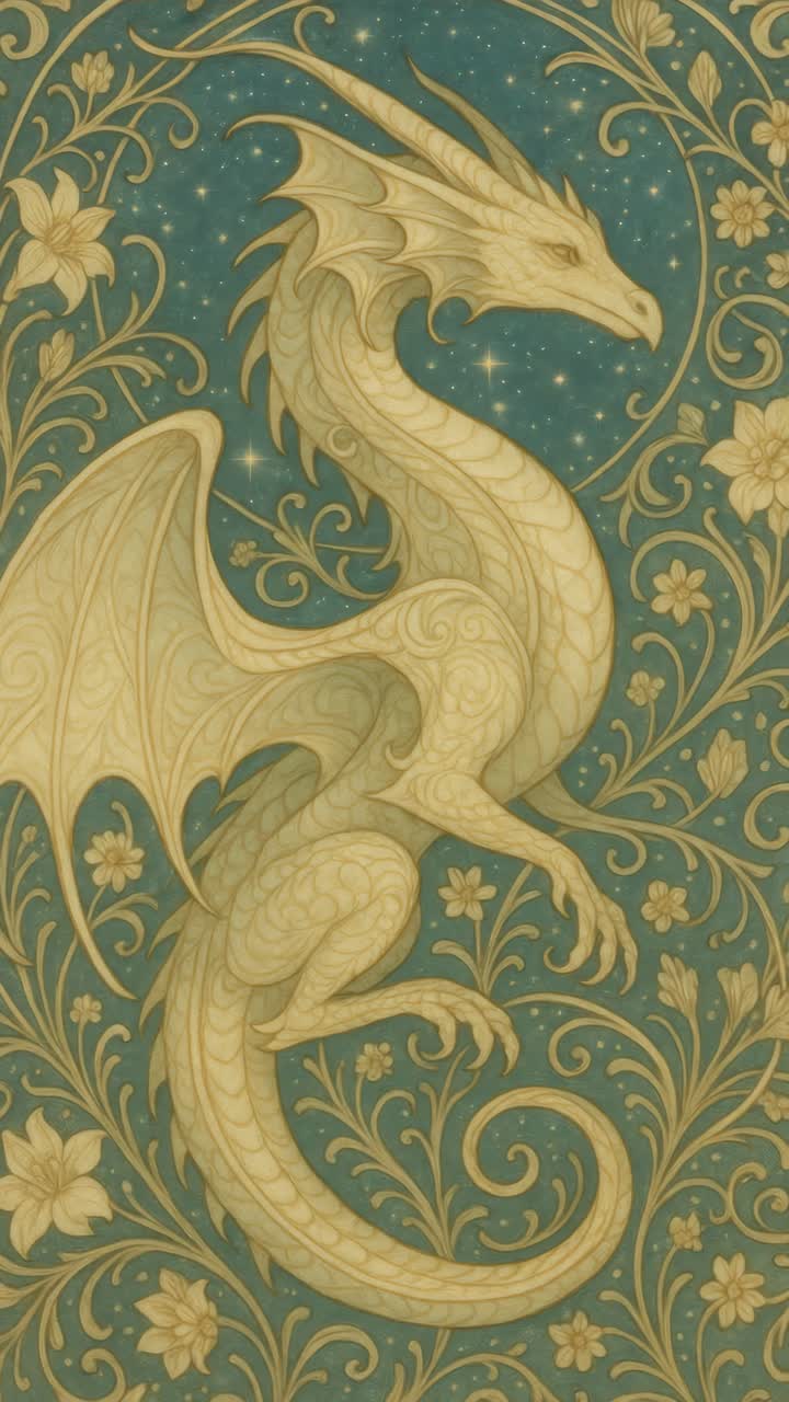 Elegante drago dorato con motivi intricati su sfondo floreale verde acqua
