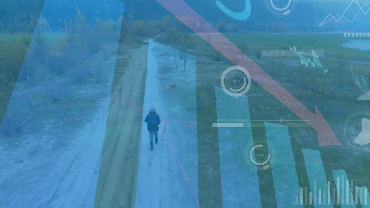 Man walking toward camera on track, motion initiating analytics overlays: bars, HUD, down arrow