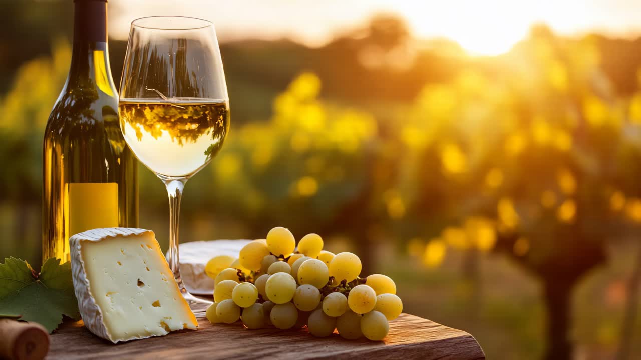 Abbinamento formaggio e vino in un vigneto al tramonto