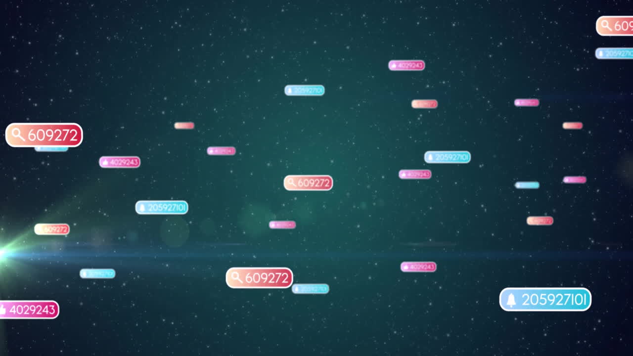 Floating numerical codes animation over starry night sky background