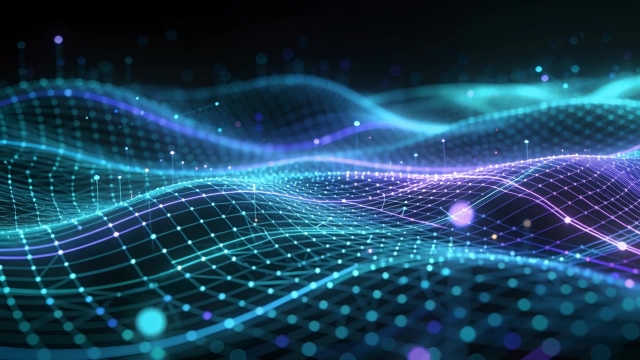 Looping grid undulating against dark void while camera advancing, showing nodes, teal-purple trails