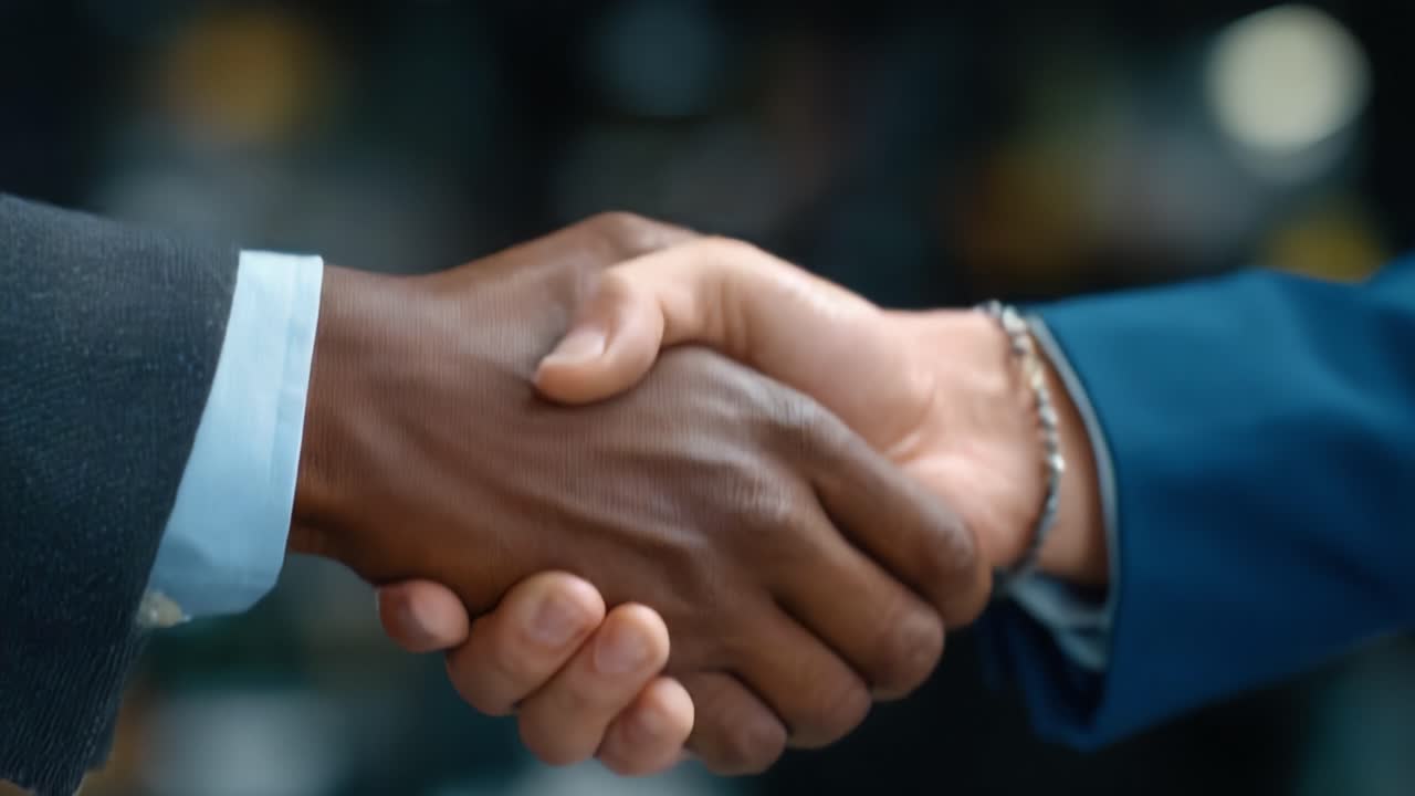 A Professional Handshake Indicating Mutual Agreement Between Two Individuals in Business Attire Captured in a Close-Up Perspective in a Corporate Environment