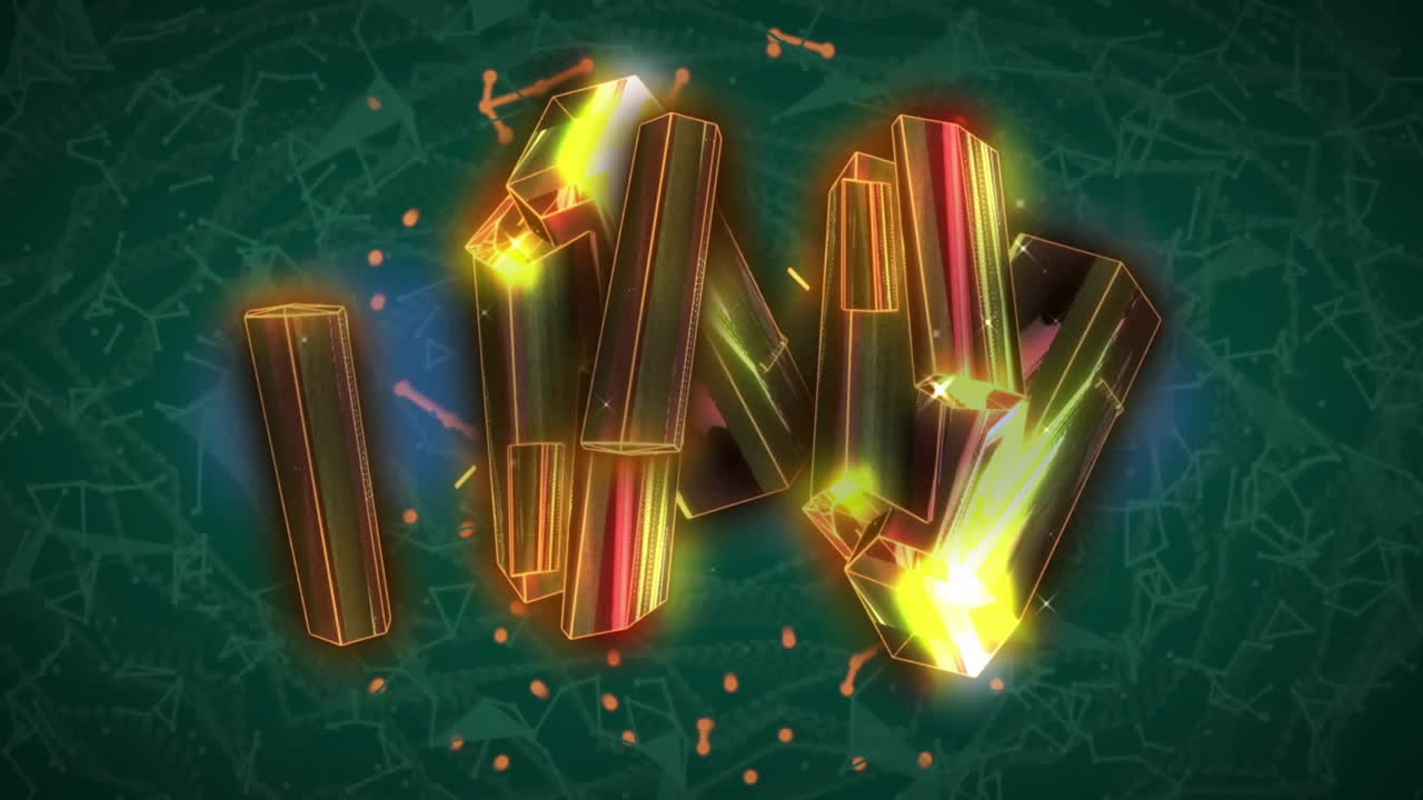 Glowing geometric shapes animation over green background with network pattern