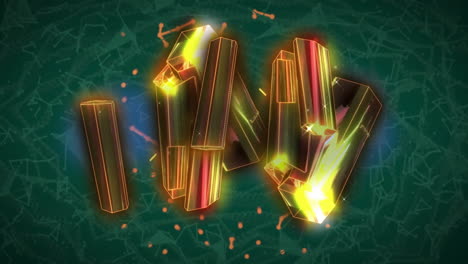 glowing geometric shapes animation over green background with network pattern