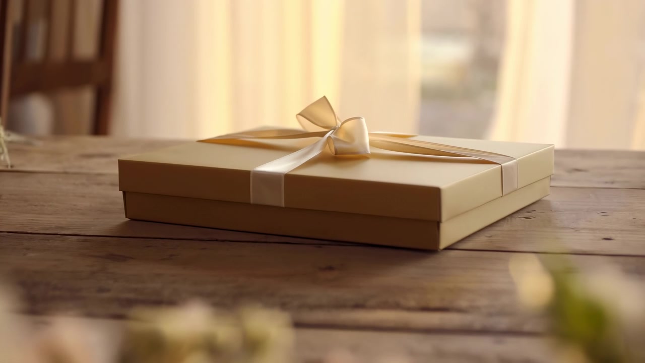 Scatola regalo incartata con nastro di raso e fiocco ordinato poggia su un tavolo di legno rustico, circondata da fiori sfocati e delicati e dalla calda luce della finestra, creando una natura morta elegante e neutra per una celebrazione