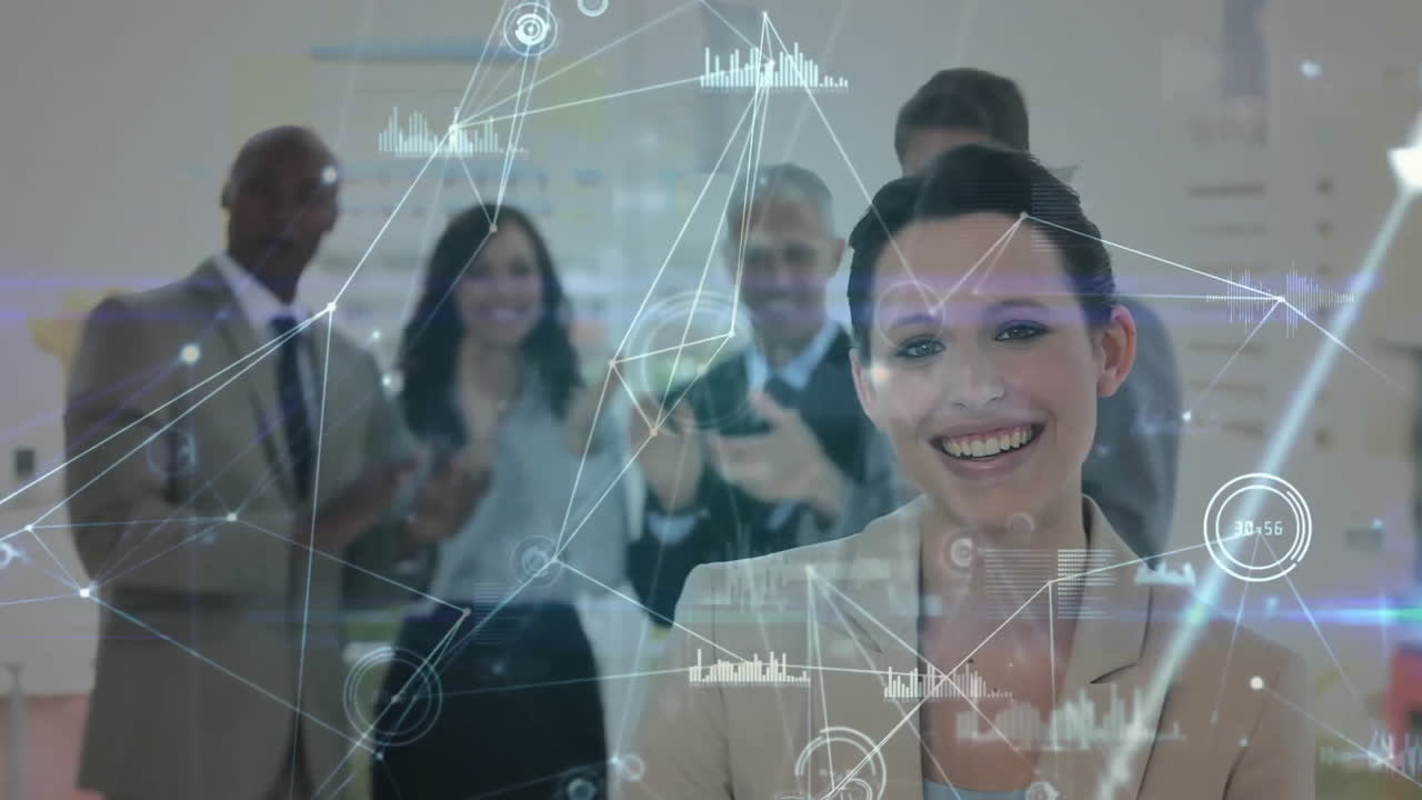 Animation of network of connections over diverse business people in office