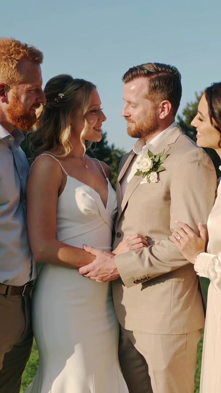 Video verticale: Zoom della telecamera, coppia in posa, che si tiene per mano e sorride su un prato con abito da sposa e anelli.
