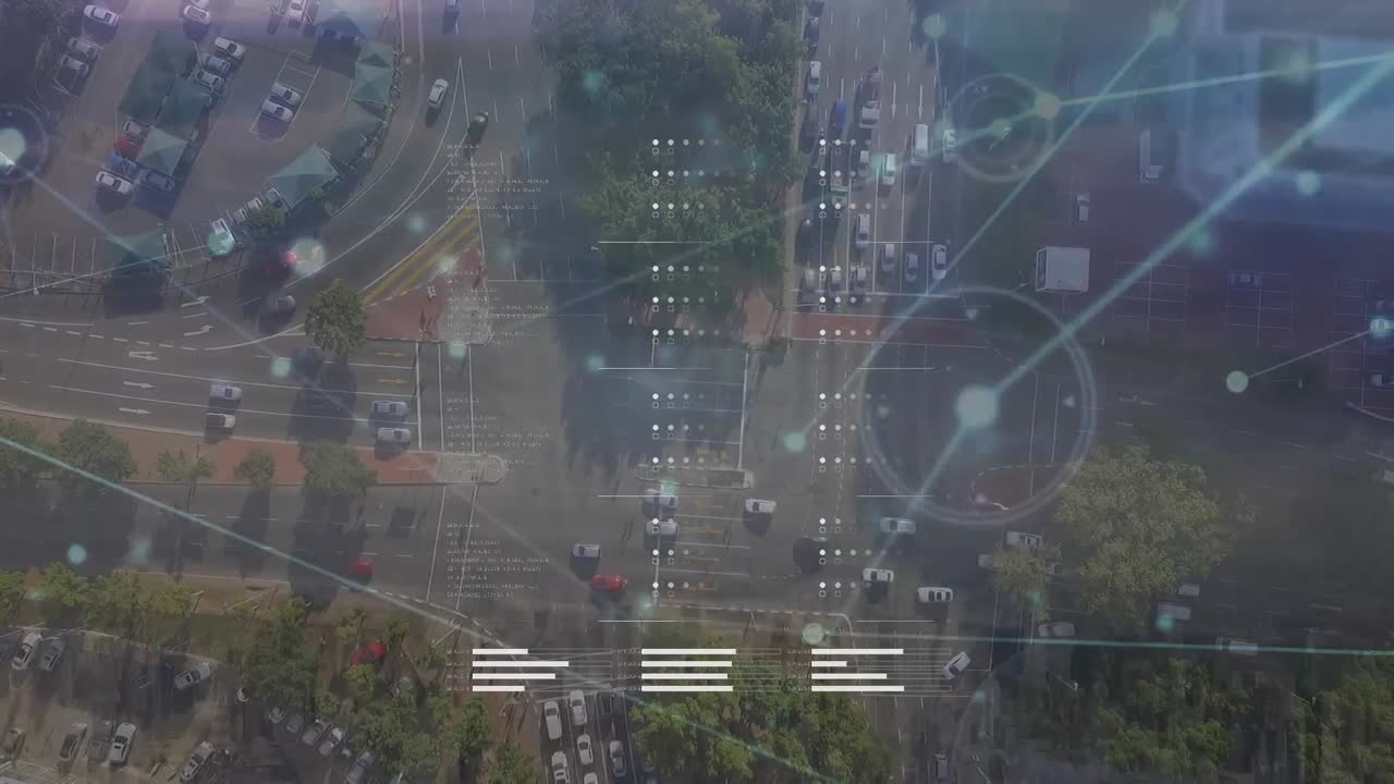Animation of network of connections and data processing over cityscape
