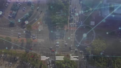 animation of network of connections and data processing over cityscape
