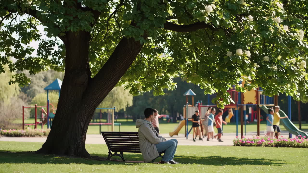 Man Sitting in Park Watching Children Play