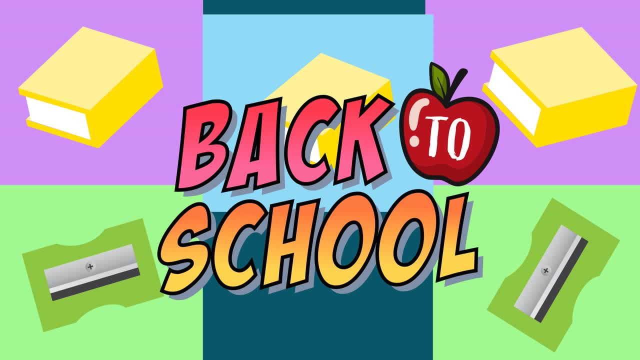 다채로운 정사각형에 학교 아이템 아이콘이 있는 학교 복귀 텍스트의 애니메이션