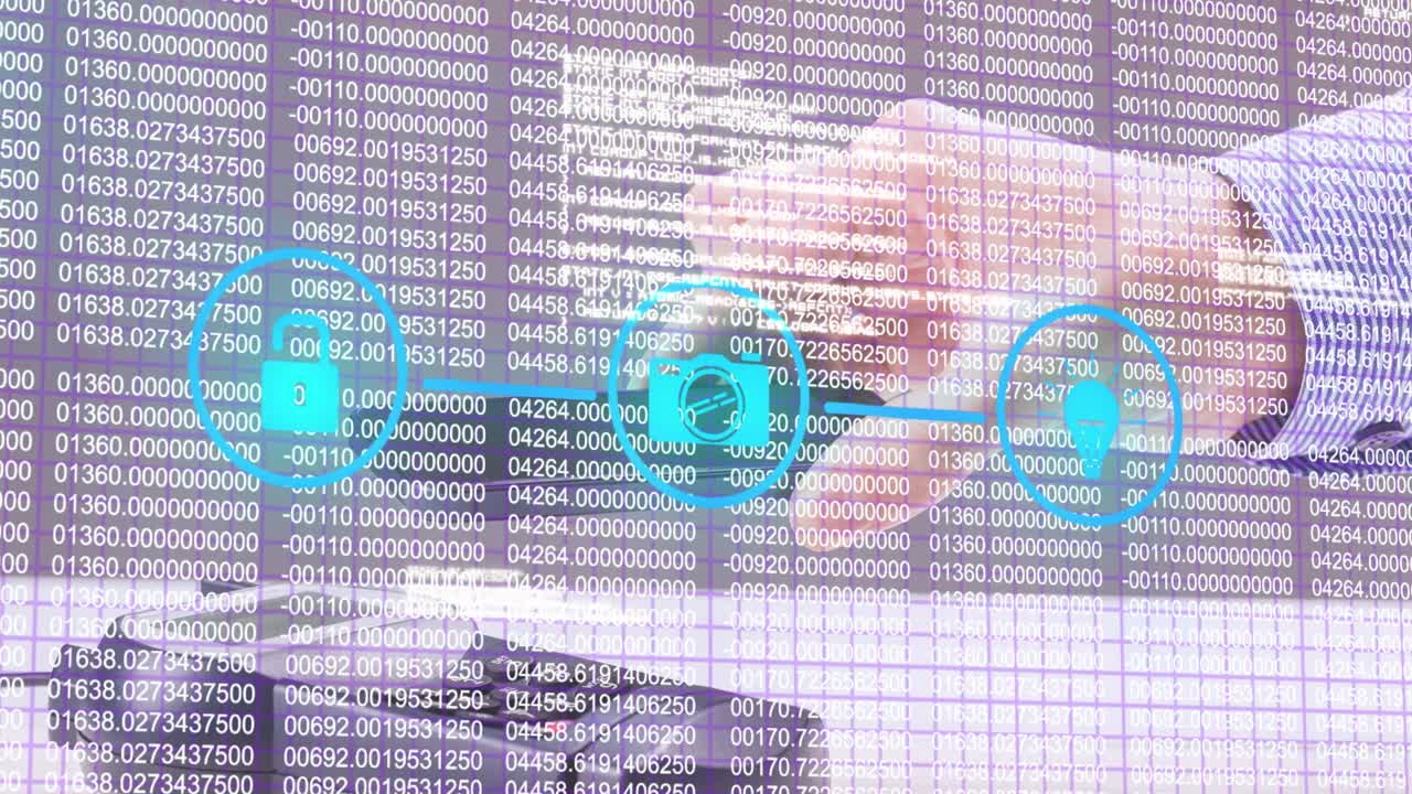 Animation of security icons and data processing over hand with smartphone and payment terminal