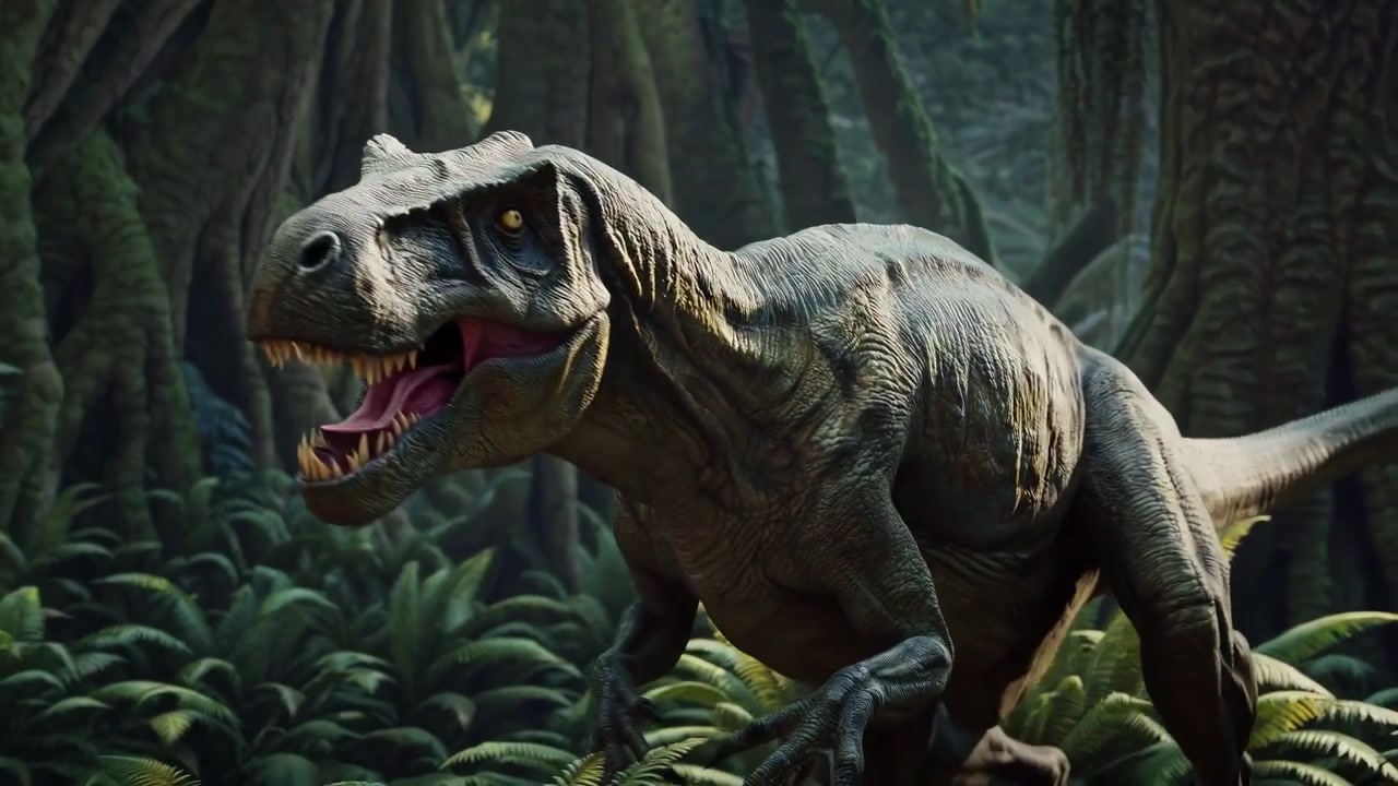 Tirannosauro Rex che cammina attraverso una lussureggiante giungla preistorica