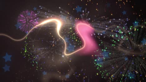 Animation-Von-Feuerwerk,-Sternen-Und-Lichtern-Auf-Dunklem-Hintergrund