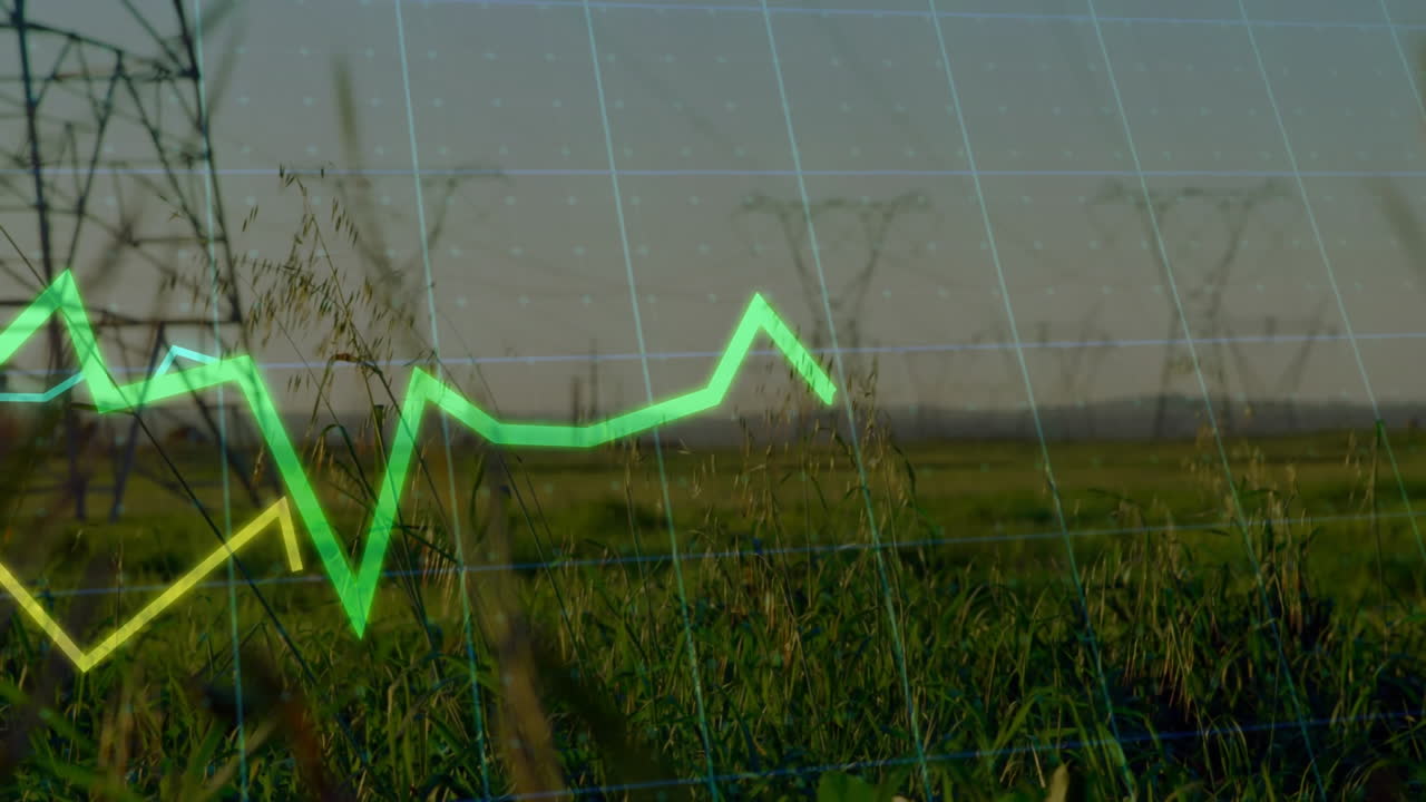 Neon green data line graph unfolding over rural field, showing transmission pylons and grid overlay