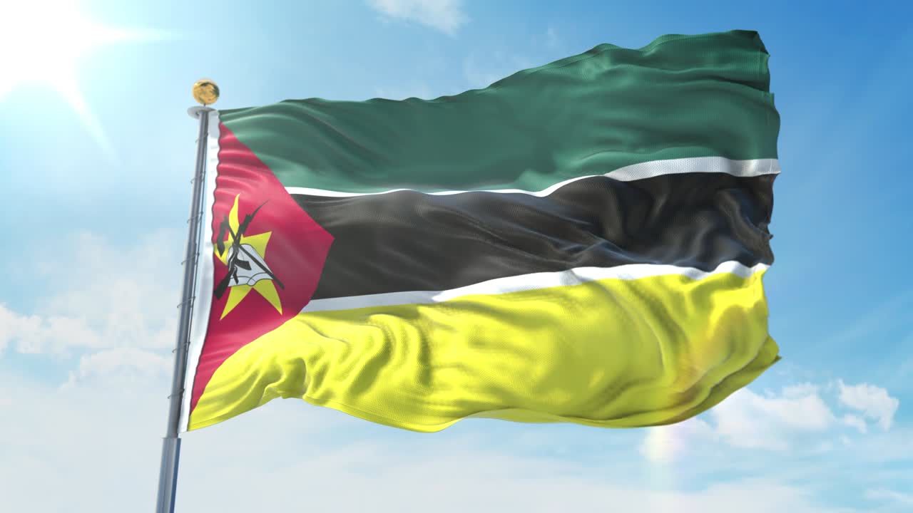 깊은 파란 하늘을 배경으로 바람에 흔들리는 모잠비크 발, 국가 테마, 국제 개념, 3d 렌더링, 원활한 루프