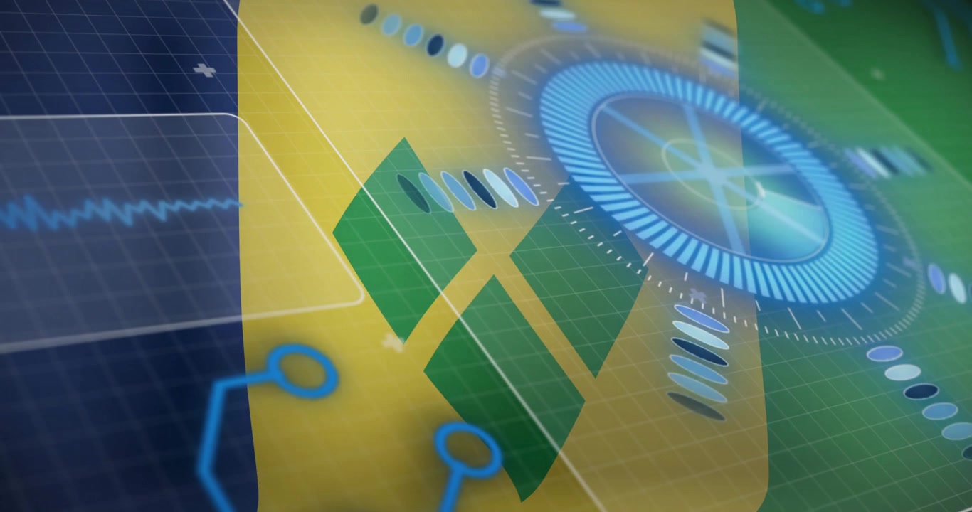 Upon loading, logo forming, waveform pulsing left, gauge spinning right, nodes linking data display