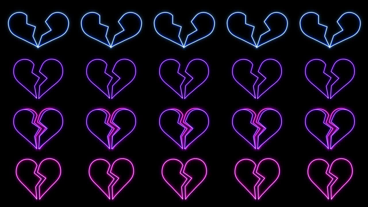 secuencia de rompimiento de hileras de corazón de neón con bucle