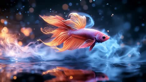 colorful goldfish in water. a goldfish swims in blue and orange water, with sparkling light effects creating a magical atmosphere.